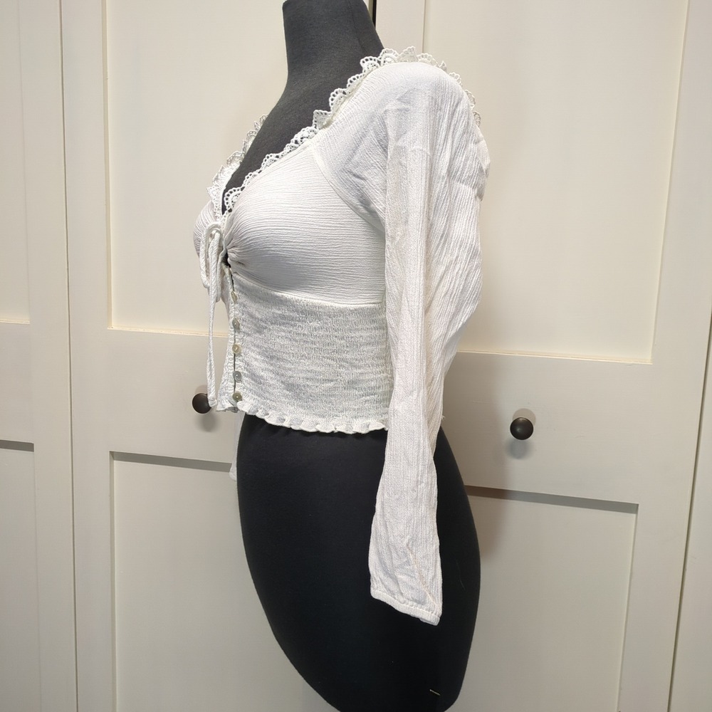 White Milkmaid Coquette Crop Top Tie Front Smocked Long Sleeve‎ Lace Trim Medium - Picture 4 of 8